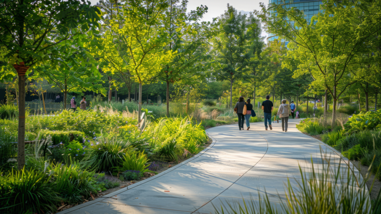 Multiple people walking on a cement walkway or sidewalk in a green park in summer